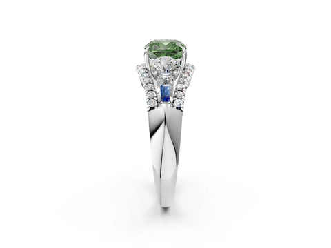 White gold Three-Stone Fancy Green Cushion Cut Diamond Engagement Ring with Pave Band and Prong Setting_14
