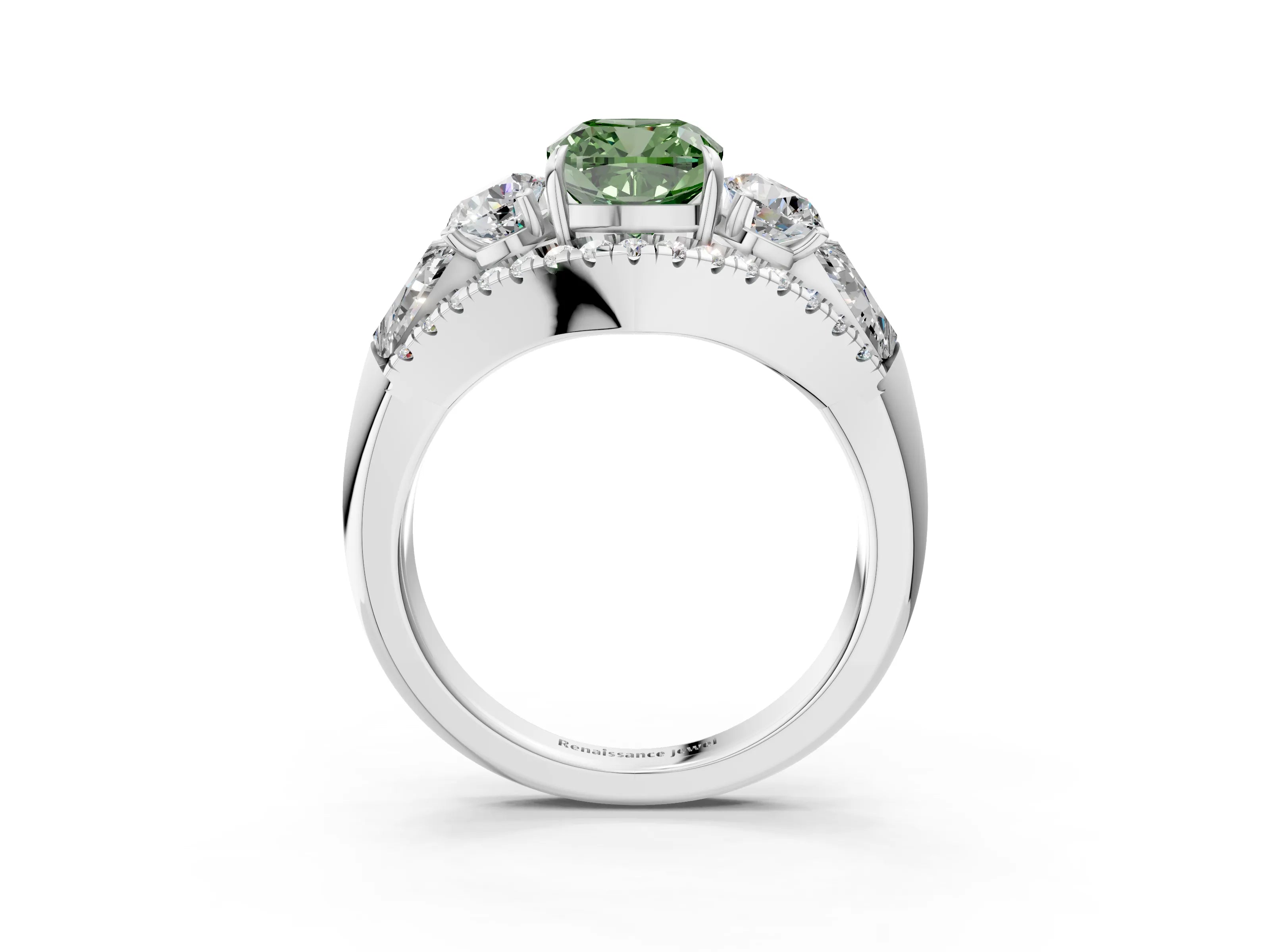 White gold Three-Stone Fancy Green Cushion Cut Diamond Engagement Ring with Pave Band and Prong Setting_15