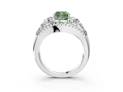 White gold Three-Stone Fancy Green Cushion Cut Diamond Engagement Ring with Pave Band and Prong Setting_15