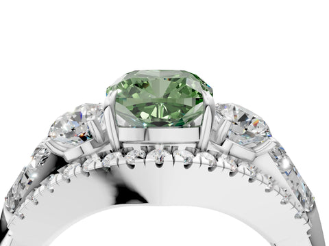 White gold Three-Stone Fancy Green Cushion Cut Diamond Engagement Ring with Pave Band and Prong Setting_16