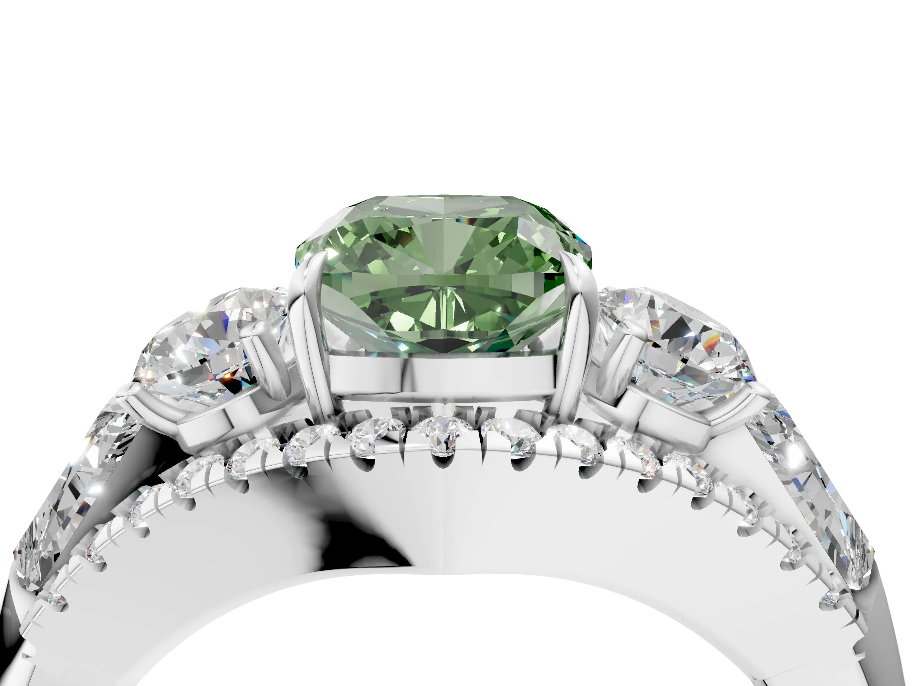 White gold Three-Stone Fancy Green Cushion Cut Diamond Engagement Ring with Pave Band and Prong Setting_17