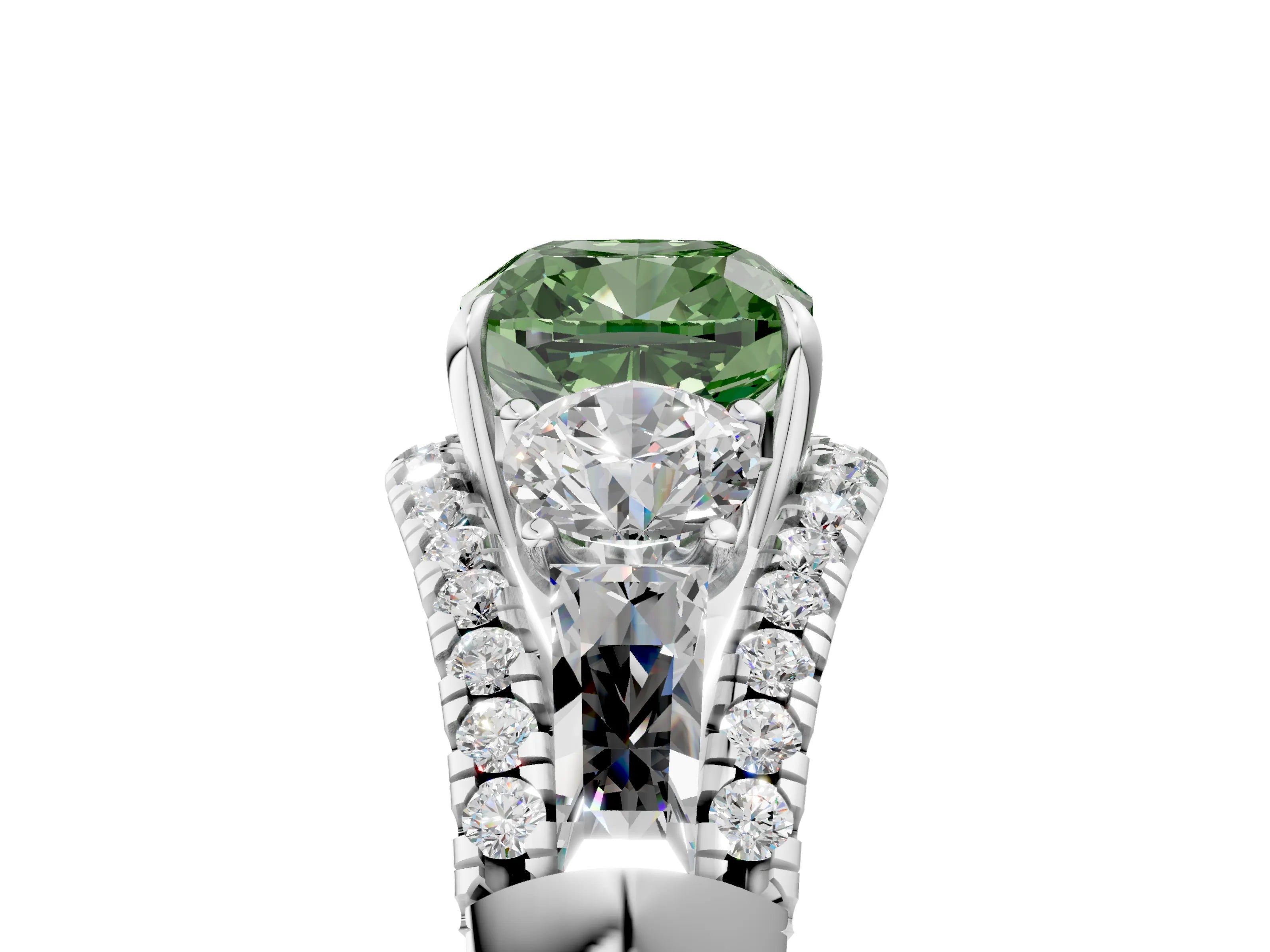 White gold Three-Stone Fancy Green Cushion Cut Diamond Engagement Ring with Pave Band and Prong Setting_18