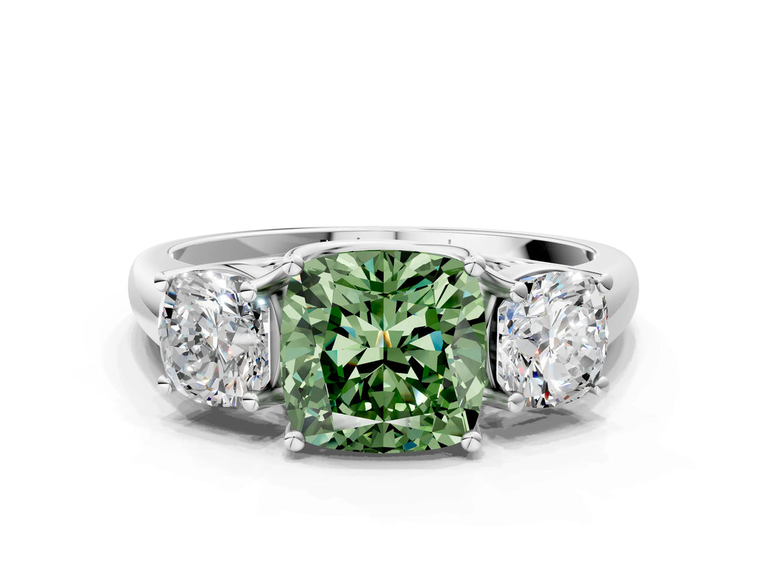 White gold Three-Stone Fancy Green Cushion Cut Diamond Engagement Ring with Prong Setting_15