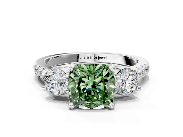 White gold Three-Stone Fancy Green Cushion Cut Diamond Pavé Band with Four-Prong Setting