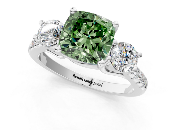 White gold Three-Stone Fancy Green Cushion Cut Diamond Pavé Band with Four-Prong Setting