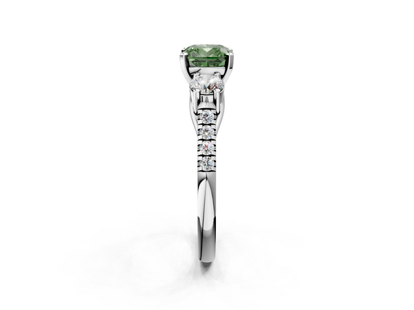 White gold Three-Stone Fancy Green Cushion Cut Diamond Pavé Band with Four-Prong Setting