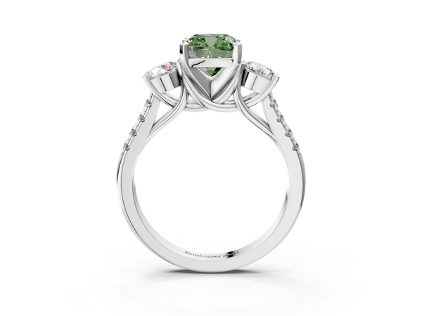 White gold Three-Stone Fancy Green Cushion Cut Diamond Pavé Band with Four-Prong Setting
