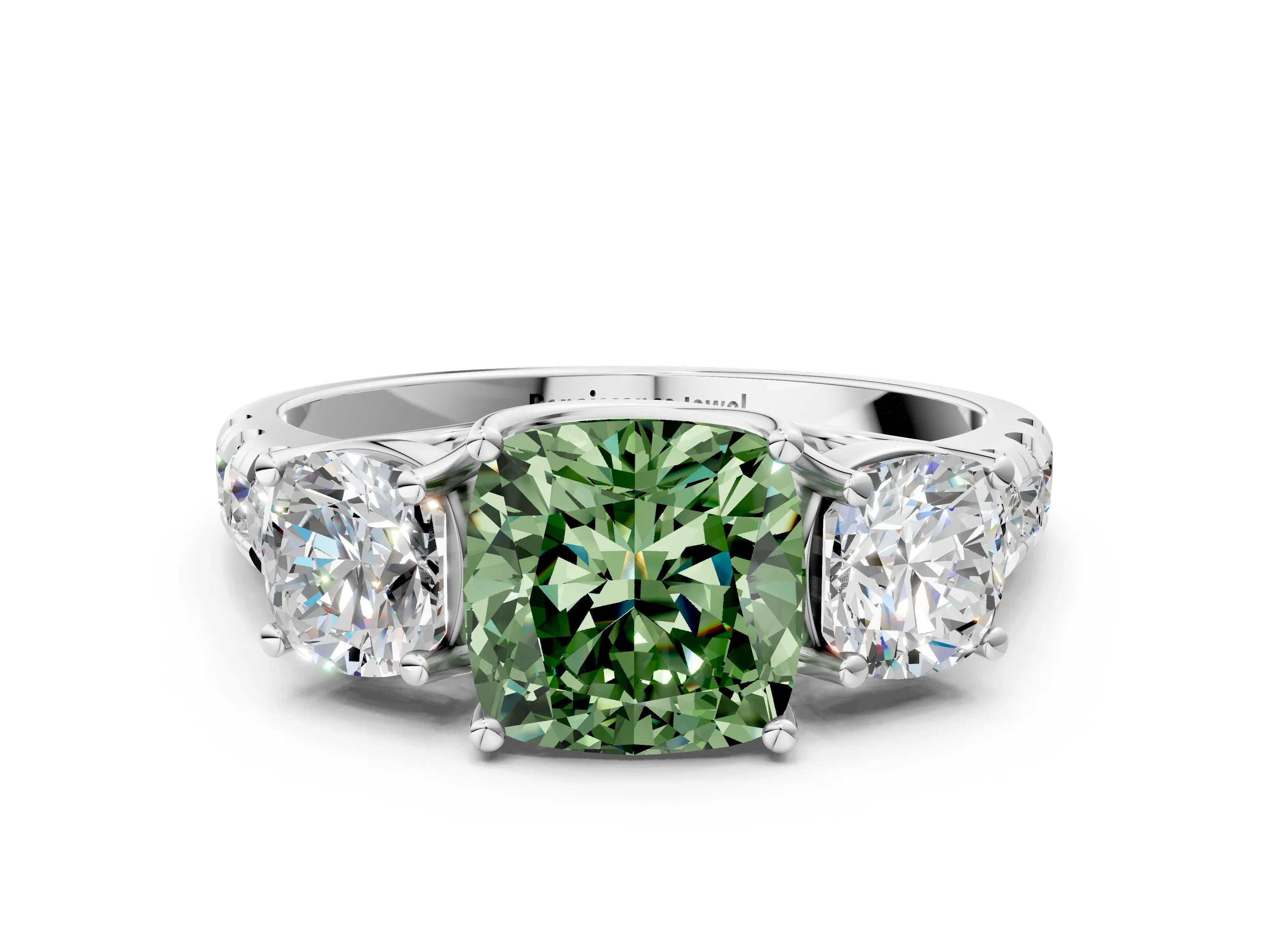 White gold Three-Stone Fancy Green Cushion Cut Diamond Pavé Band with Prong Setting
