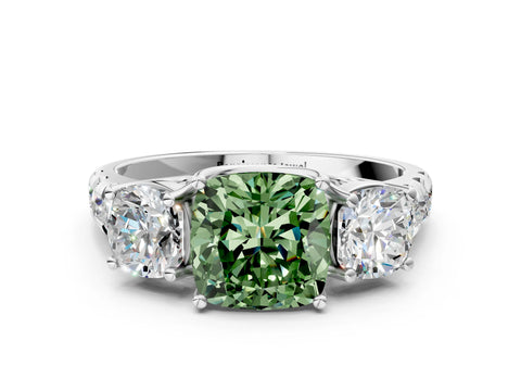 White gold Three-Stone Fancy Green Cushion Cut Diamond Pavé Band with Prong Setting_12