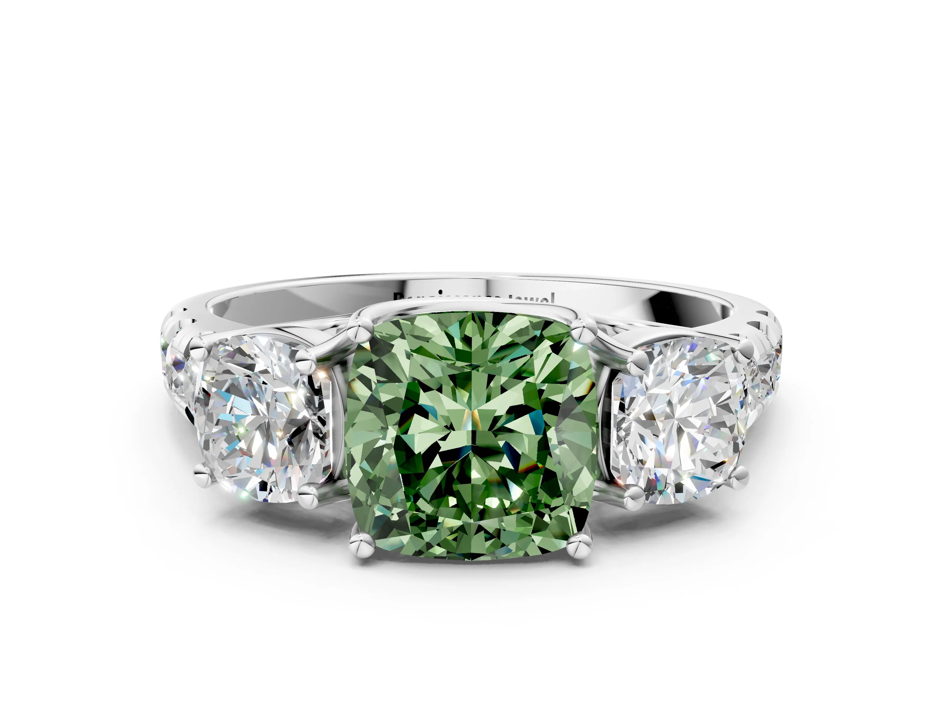 White gold Three-Stone Fancy Green Cushion Cut Diamond Pavé Band with Prong Setting_12