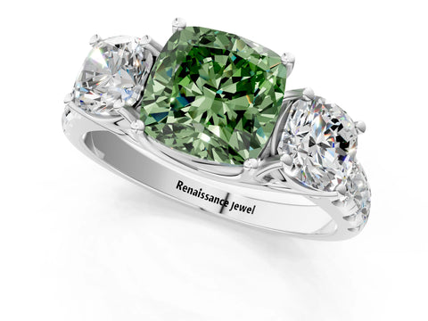 White gold Three-Stone Fancy Green Cushion Cut Diamond Pavé Band with Prong Setting_13