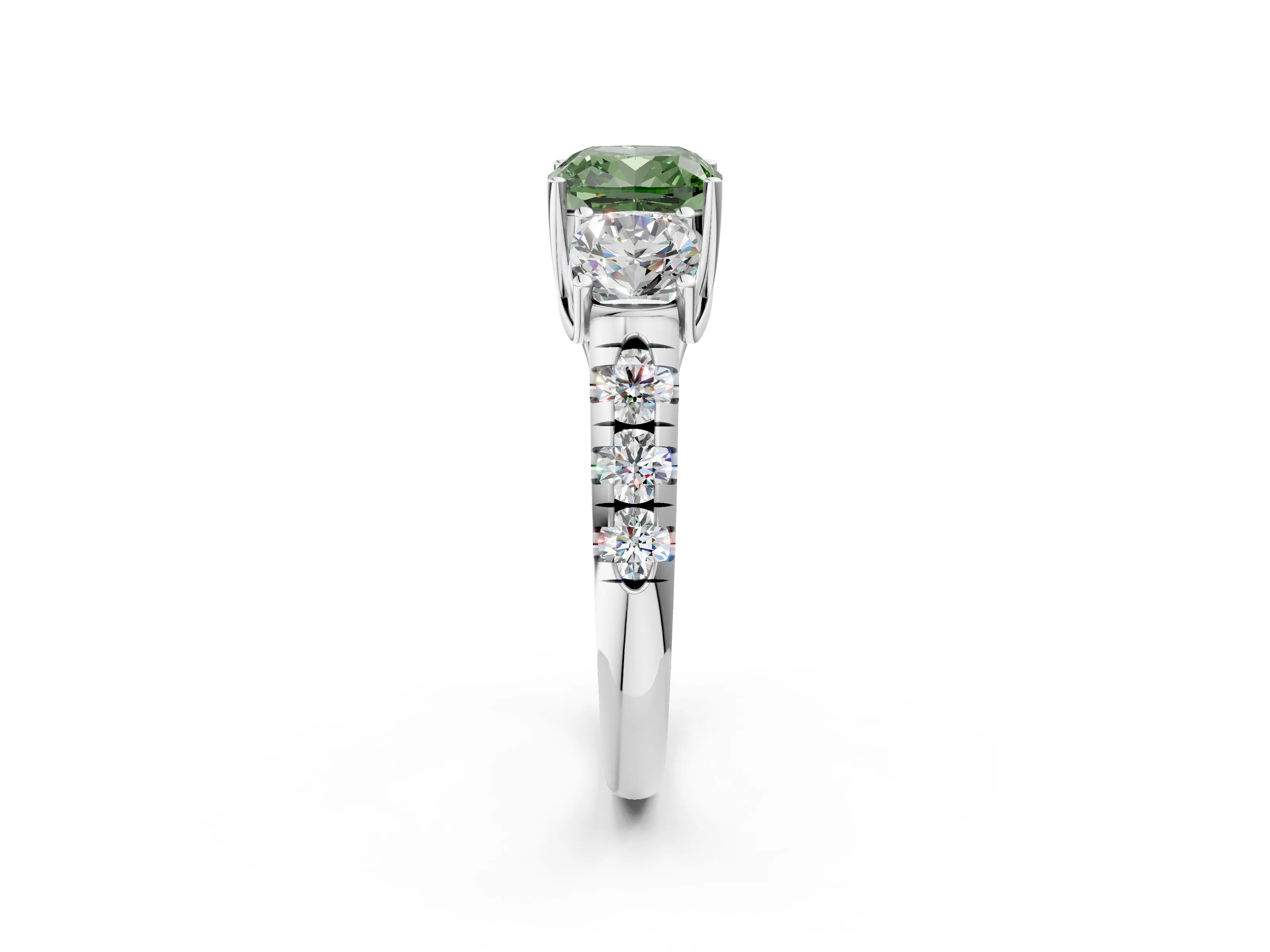 White gold Three-Stone Fancy Green Cushion Cut Diamond Pavé Band with Prong Setting_14