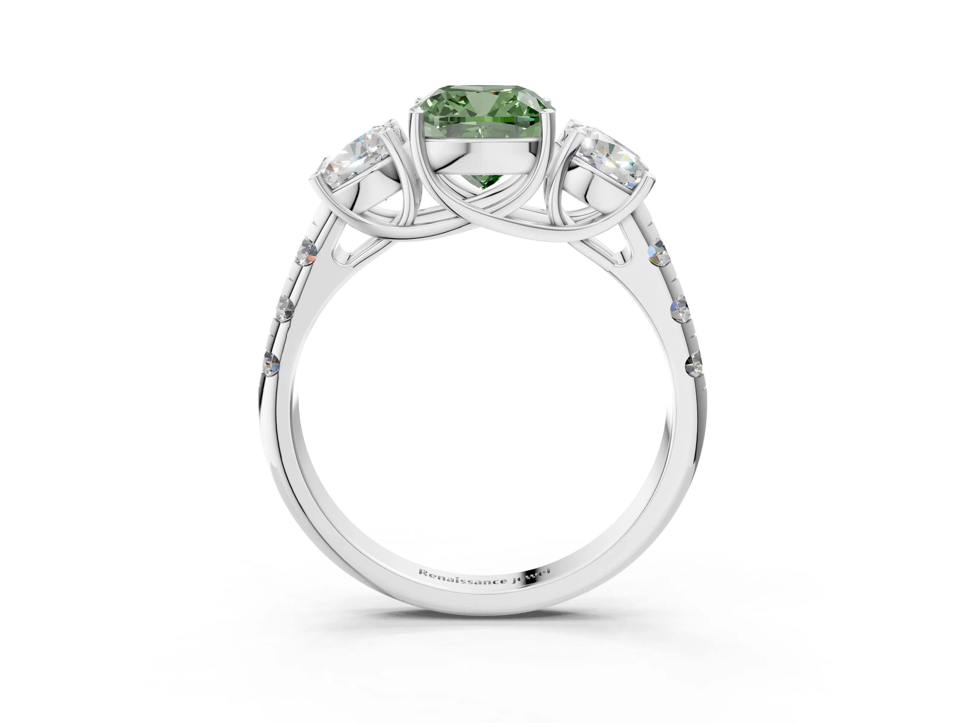 White gold Three-Stone Fancy Green Cushion Cut Diamond Pavé Band with Prong Setting_15