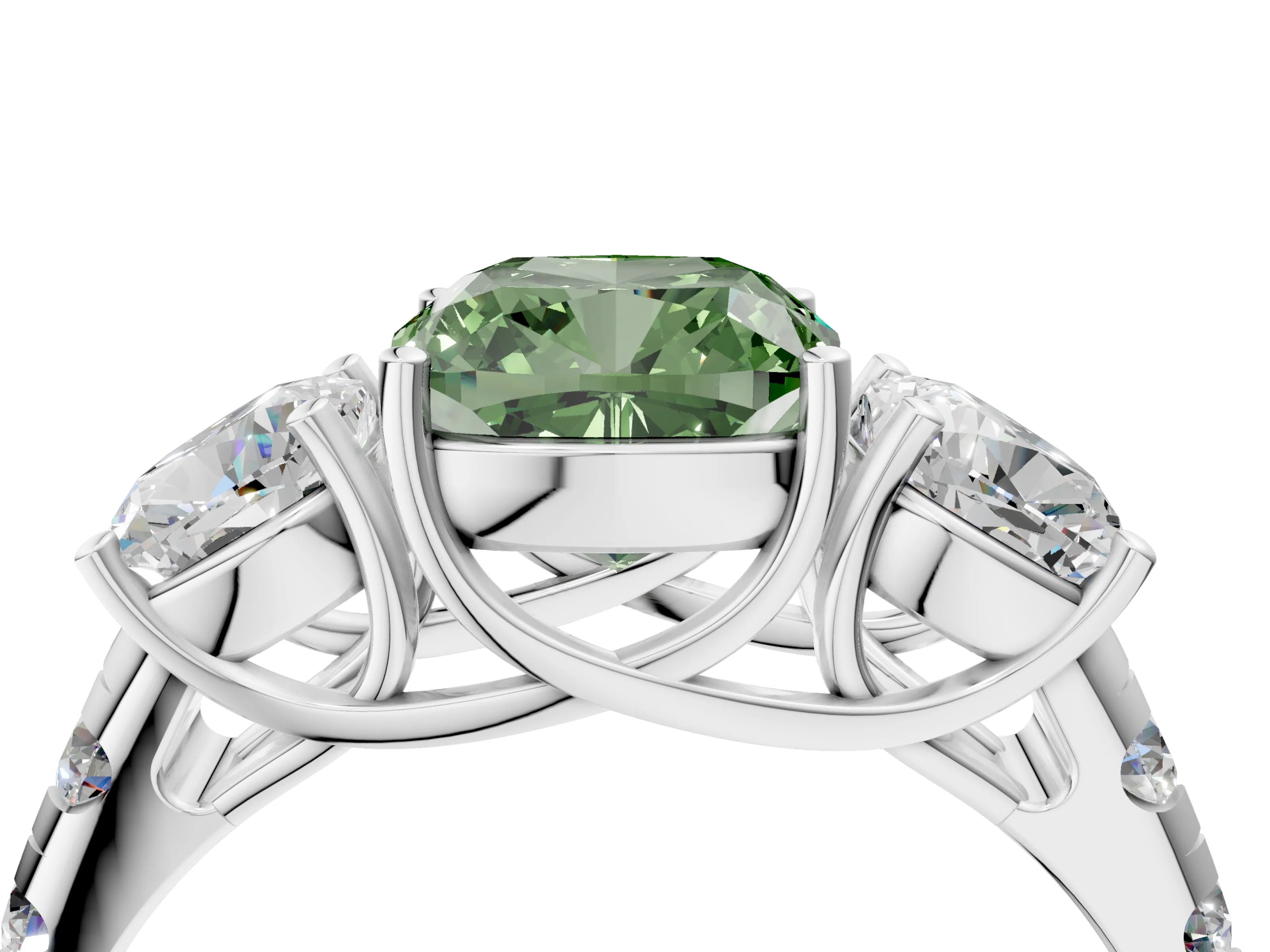 White gold Three-Stone Fancy Green Cushion Cut Diamond Pavé Band with Prong Setting_16