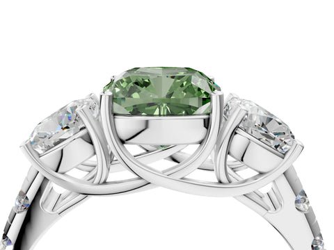 White gold Three-Stone Fancy Green Cushion Cut Diamond Pavé Band with Prong Setting_16