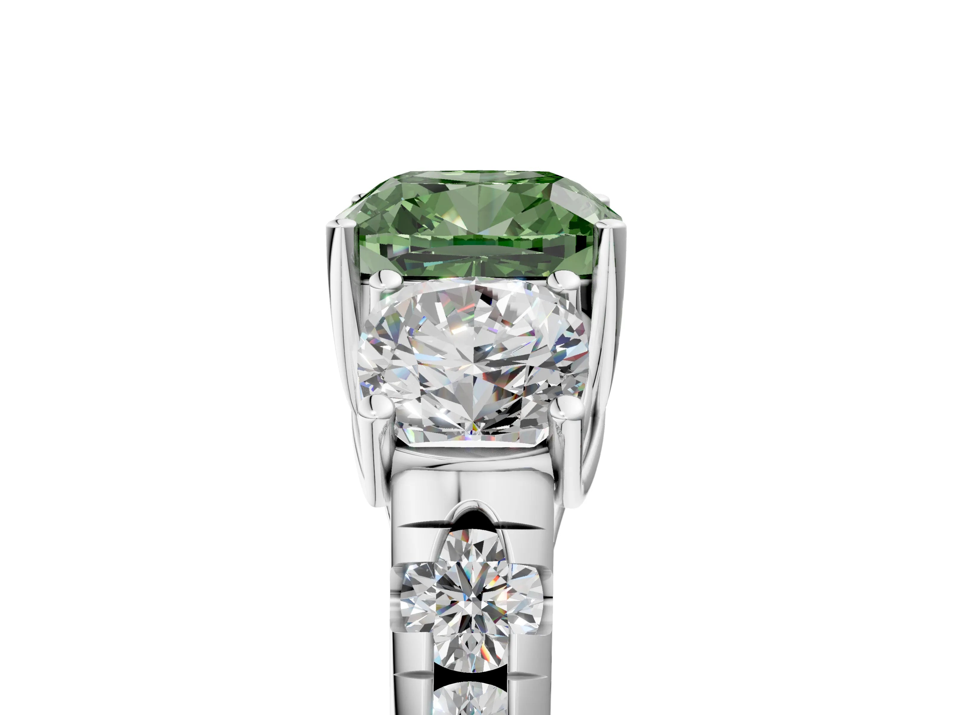 White gold Three-Stone Fancy Green Cushion Cut Diamond Pavé Band with Prong Setting_17