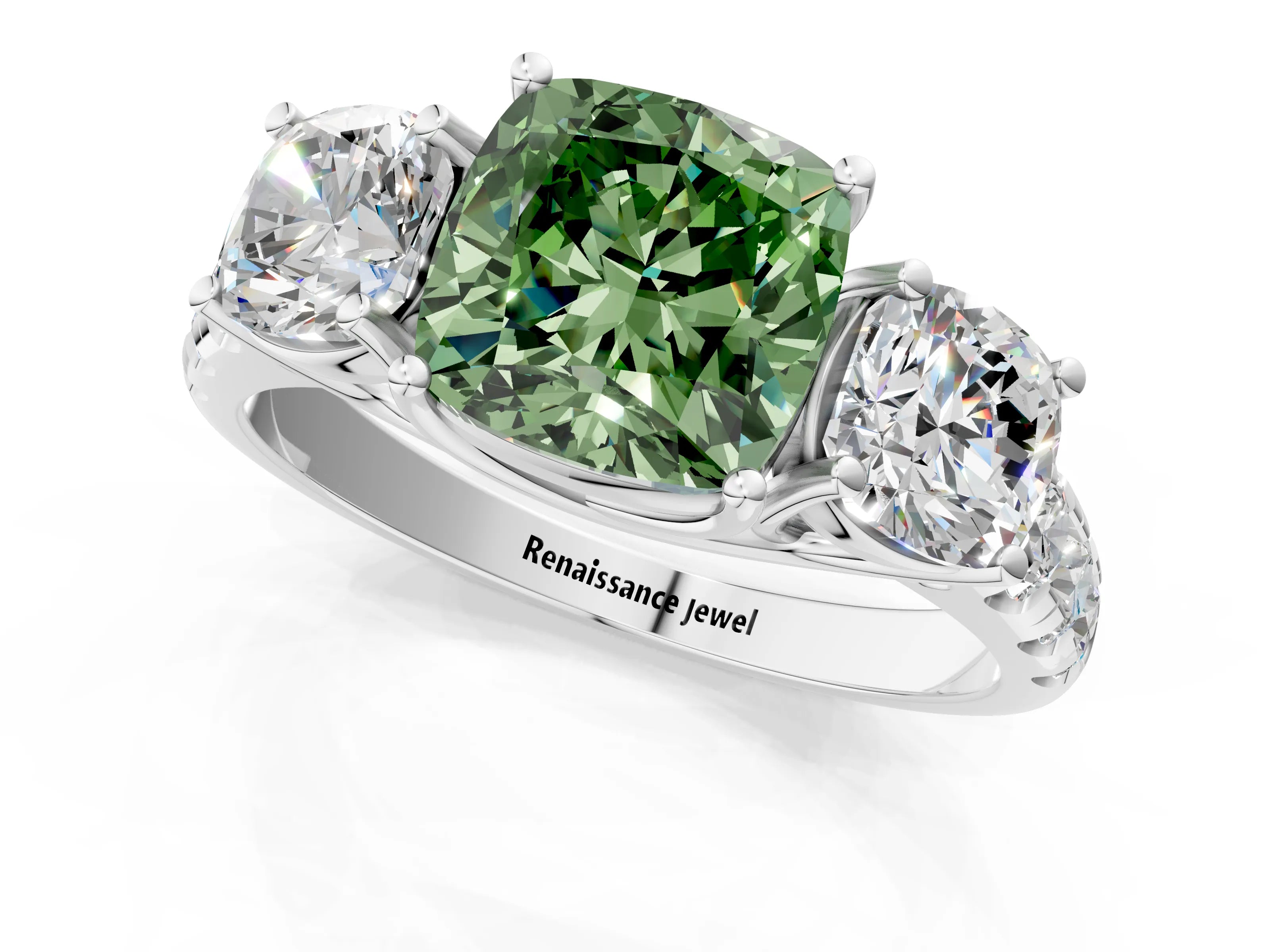 White gold Three-Stone Fancy Green Cushion Cut Diamond Pavé Band with Prong Setting_1