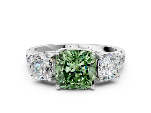 White gold Three-Stone Fancy Green Cushion Cut Diamond Pavé Band with Prong Setting
