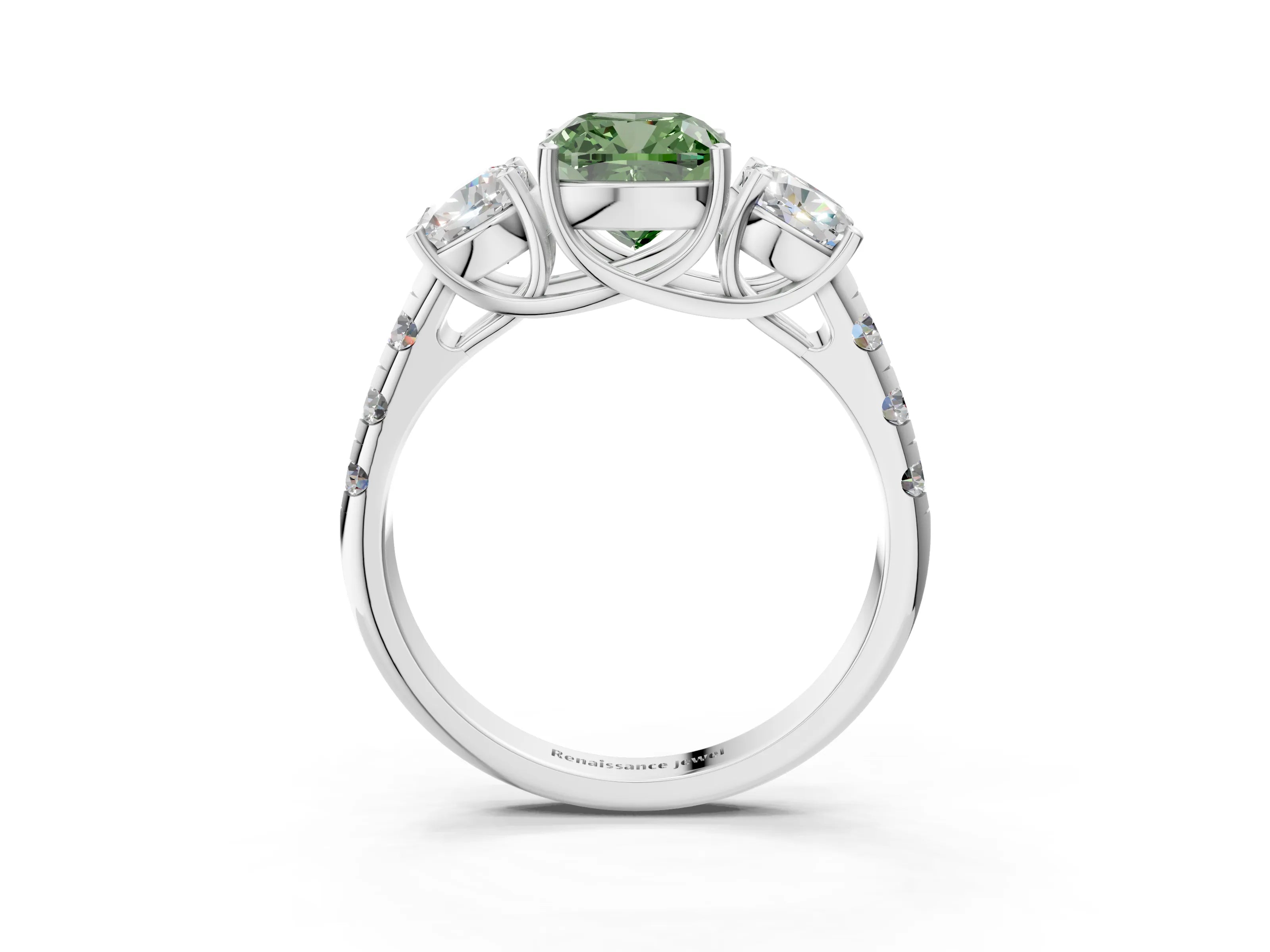 White gold Three-Stone Fancy Green Cushion Cut Diamond Pavé Band with Prong Setting_3