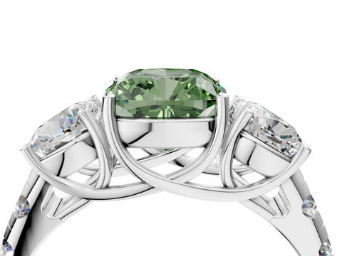 White gold Three-Stone Fancy Green Cushion Cut Diamond Pavé Band with Prong Setting_4