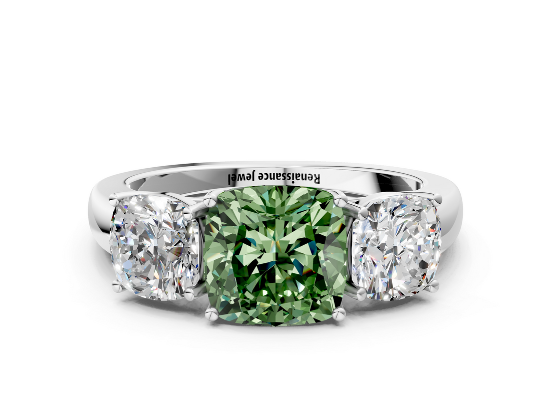 10K White Gold 1.02 Carat Green VS2 Cushion Diamond Three-Stone Ring with Four-Prong Setting and Classic Band