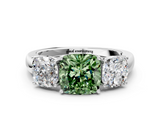 10K White Gold 1.02 Carat Green VS2 Cushion Diamond Three-Stone Ring with Four-Prong Setting and Classic Band