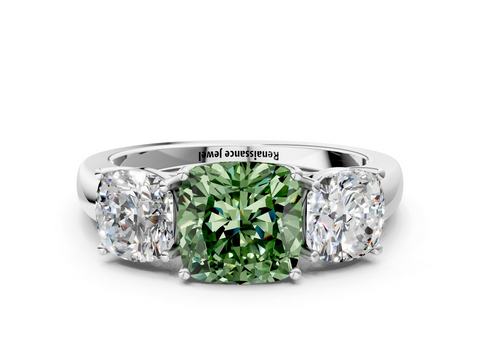 White gold Three-Stone Fancy Green Cushion  Cut Diamond Ring with Channel-Set Band and Four-Prong Setting_80