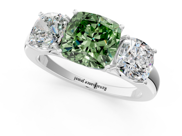10K White Gold 1.02 Carat Green VS2 Cushion Diamond Three-Stone Ring with Four-Prong Setting and Classic Band