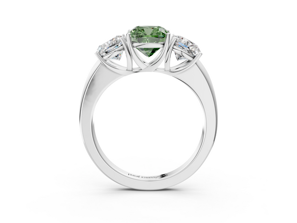 10K White Gold 1.02 Carat Green VS2 Cushion Diamond Three-Stone Ring with Four-Prong Setting and Classic Band