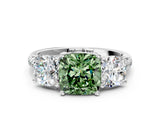 White gold Three-Stone Fancy Green Cushion Cut Diamond Ring with Pavé Band and Prong Setting_103