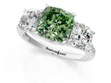 White gold Three-Stone Fancy Green Cushion Cut Diamond Ring with Pavé Band and Prong Setting_104