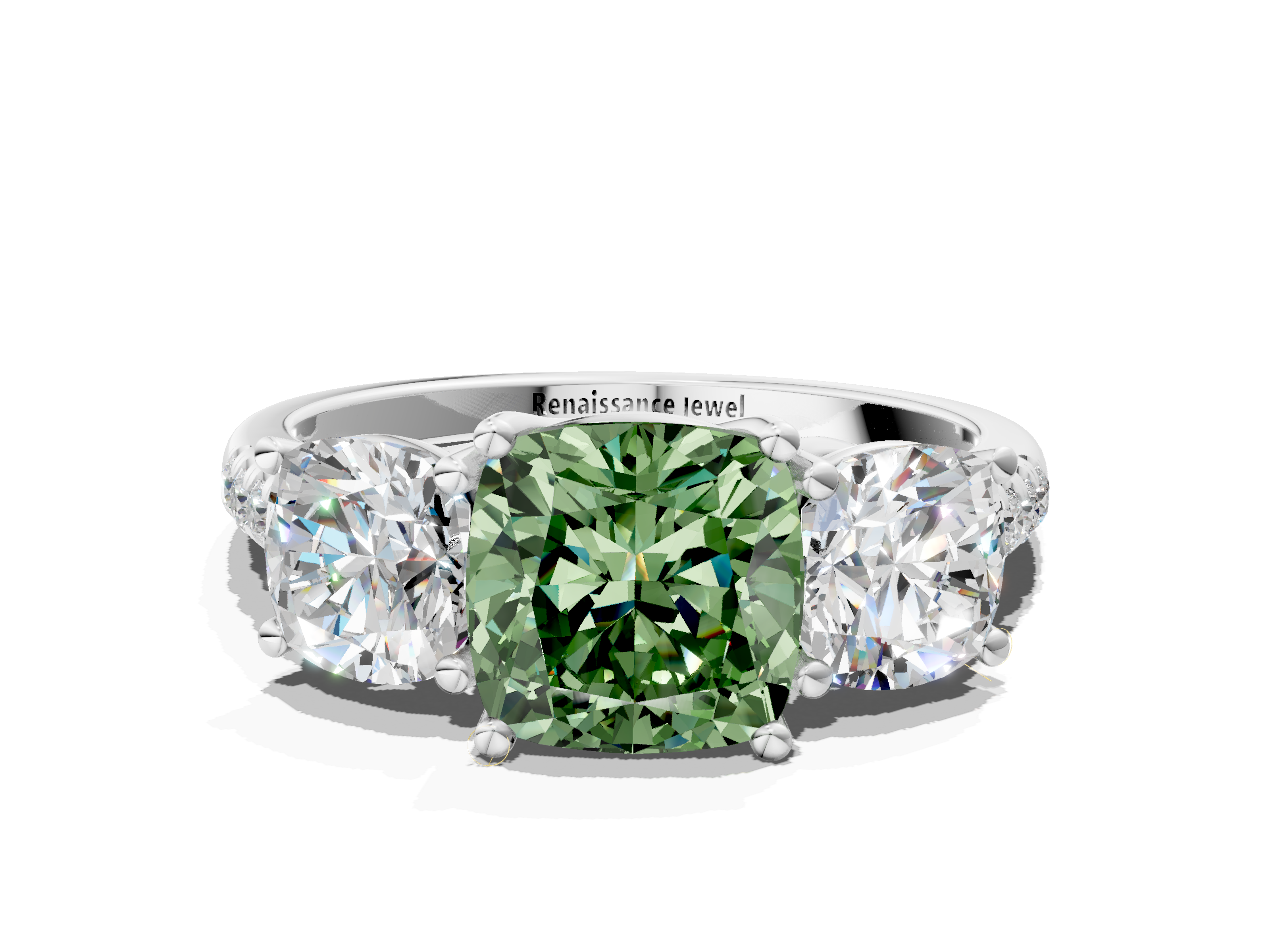 White gold Three-Stone Fancy Green Cushion  Cut Diamond Ring with Pavé Band and Prong Setting_20