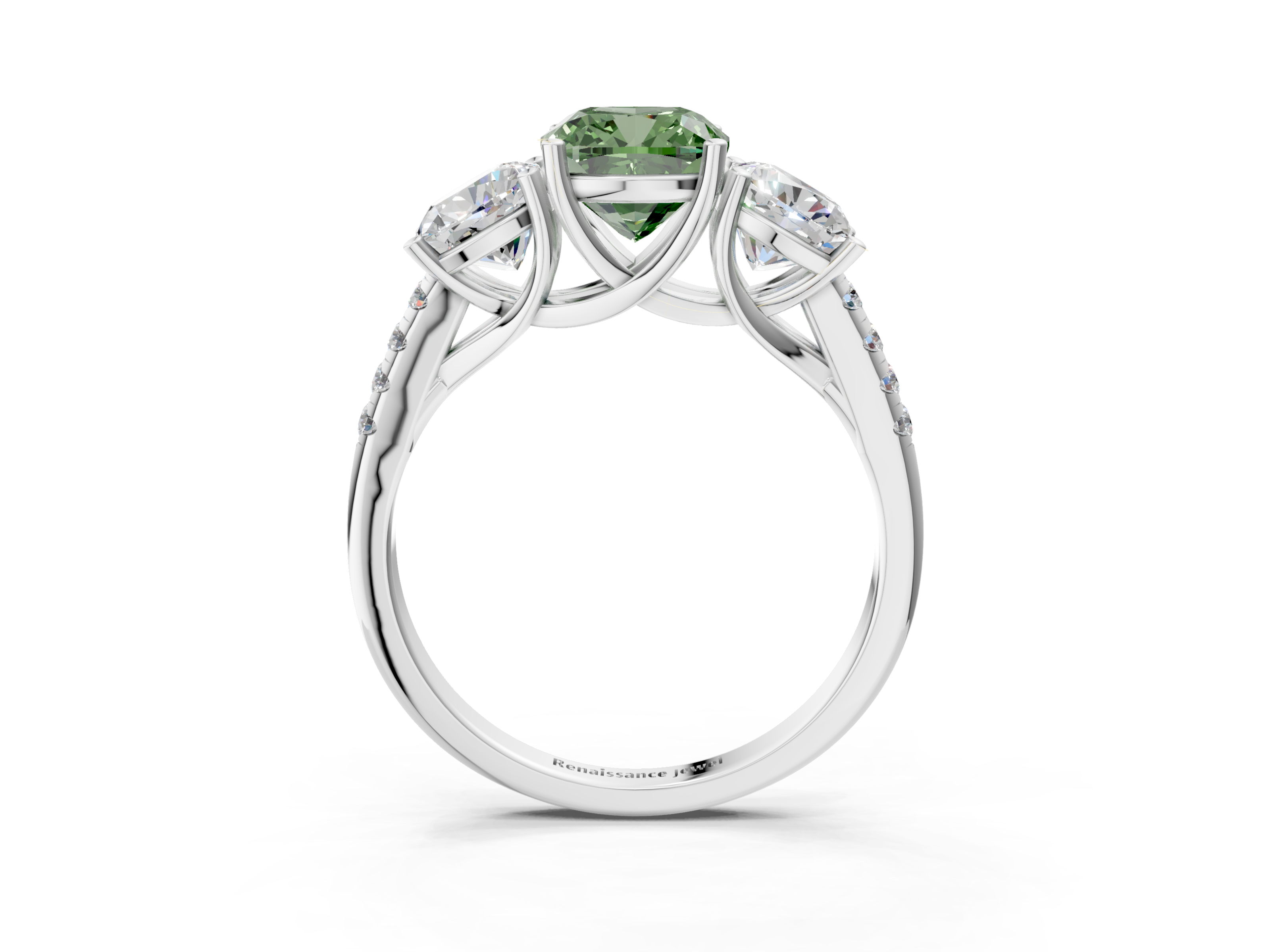 White gold Three-Stone Fancy Green Cushion  Cut Diamond Ring with Pavé Band and Prong Setting_24