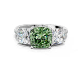 White gold Three-Stone Fancy Green Cushion Cut Diamond Ring with Pavé Band and Prong Setting_97