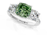 White gold Three-Stone Fancy Green Cushion Cut Diamond Ring with Pavé Band and Prong Setting_98