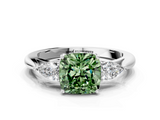 White gold Three-Stone Fancy Green Cushion  Cut Diamond Ring with Pear Side Stones in Four-Prong Setting_109