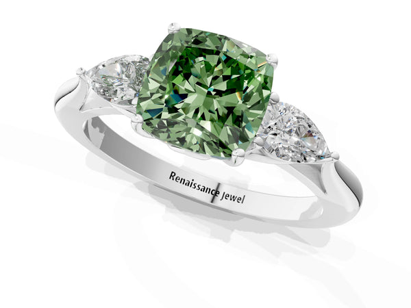 White Gold Cushion Cut Engagement Ring Setting for Fancy Green Center with Pear Side Stones