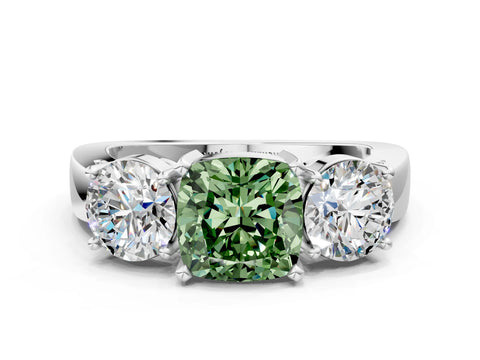 White gold Three-Stone Fancy Green Cushion Cut Diamond Ring with Round Side Stones, Classic Band, and Four-Prong Setting_35
