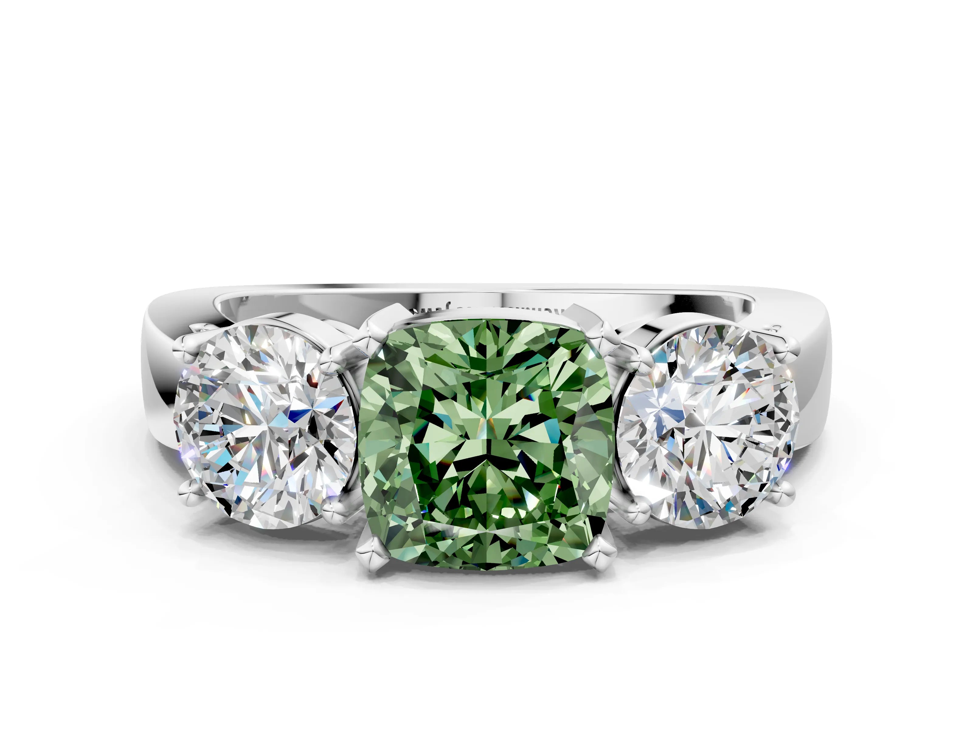 White gold Three-Stone Fancy Green Cushion Cut Diamond Ring with Round Side Stones, Classic Band, and Four-Prong Setting_36