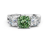 White gold Three-Stone Fancy Green Cushion Cut Diamond Ring with Round Side Stones, Classic Band, and Four-Prong Setting_36
