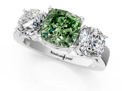 White gold Three-Stone Fancy Green Cushion Cut Diamond Ring with Round Side Stones, Classic Band, and Four-Prong Setting_36