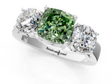 White gold Three-Stone Fancy Green Cushion Cut Diamond Ring with Round Side Stones, Classic Band, and Four-Prong Setting_37