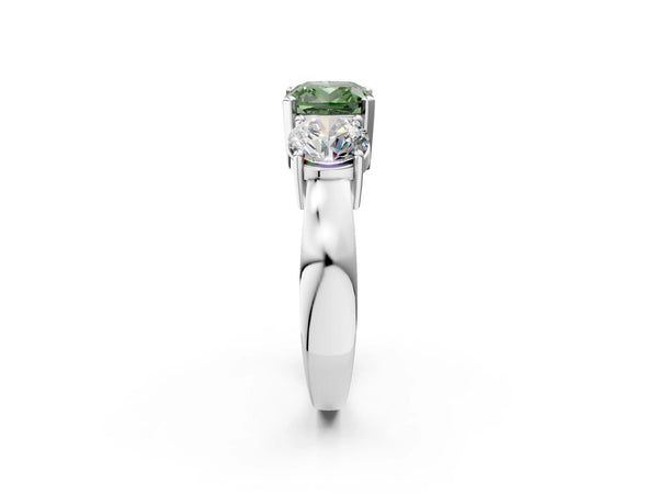 White gold Three-Stone Fancy Green Cushion Cut Diamond Ring with Round Side Stones, Classic Band, and Four-Prong Setting