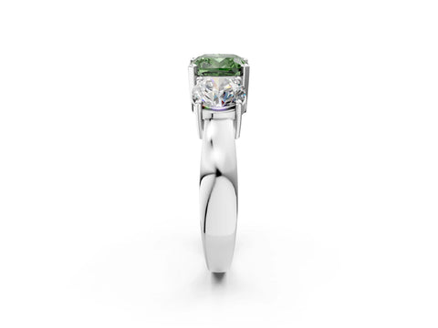 White gold Three-Stone Fancy Green Cushion Cut Diamond Ring with Round Side Stones, Classic Band, and Four-Prong Setting_37