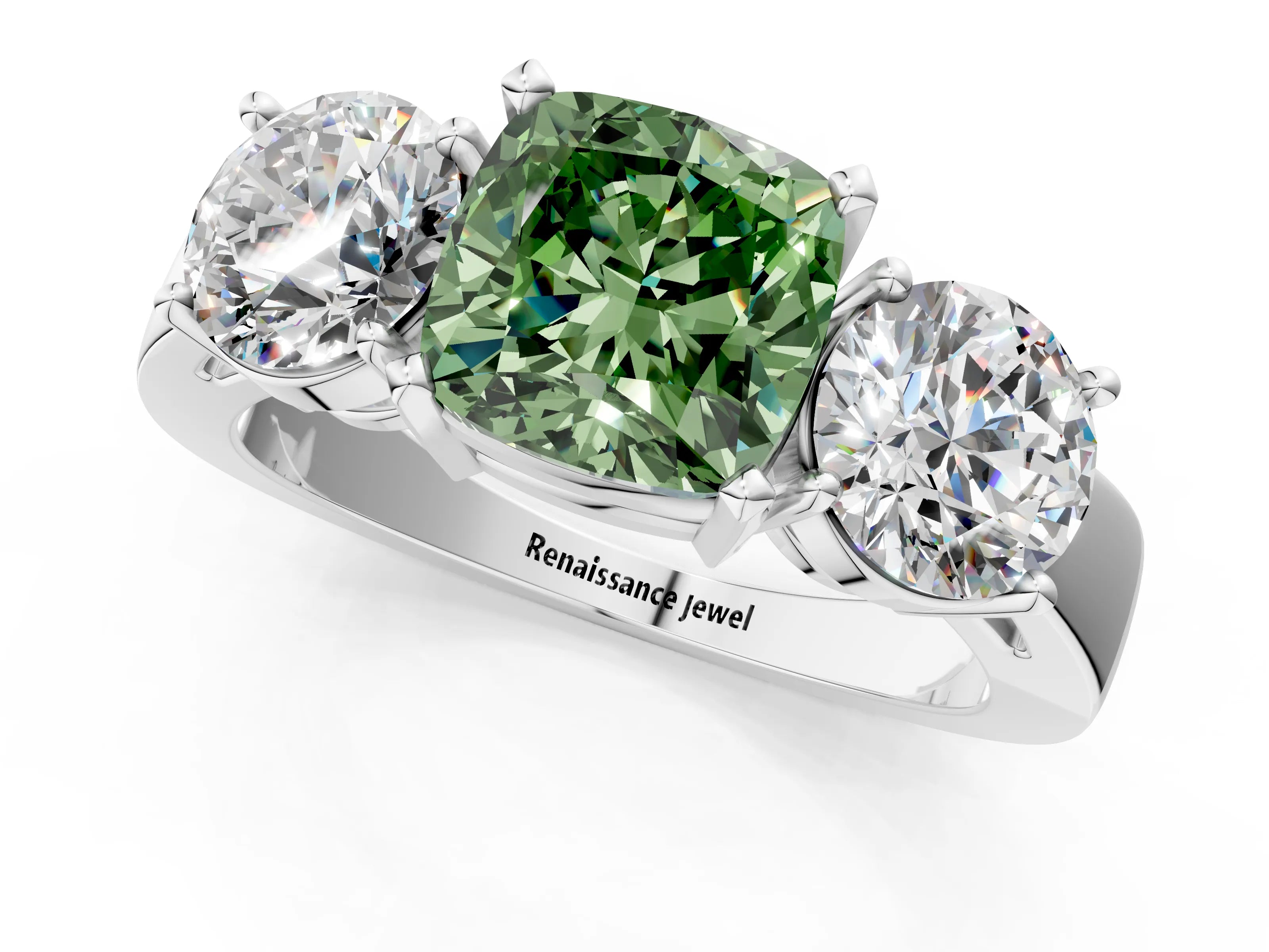 White gold Three-Stone Fancy Green Cushion Cut Diamond Ring with Round Side Stones, Classic Band, and Four-Prong Setting_37