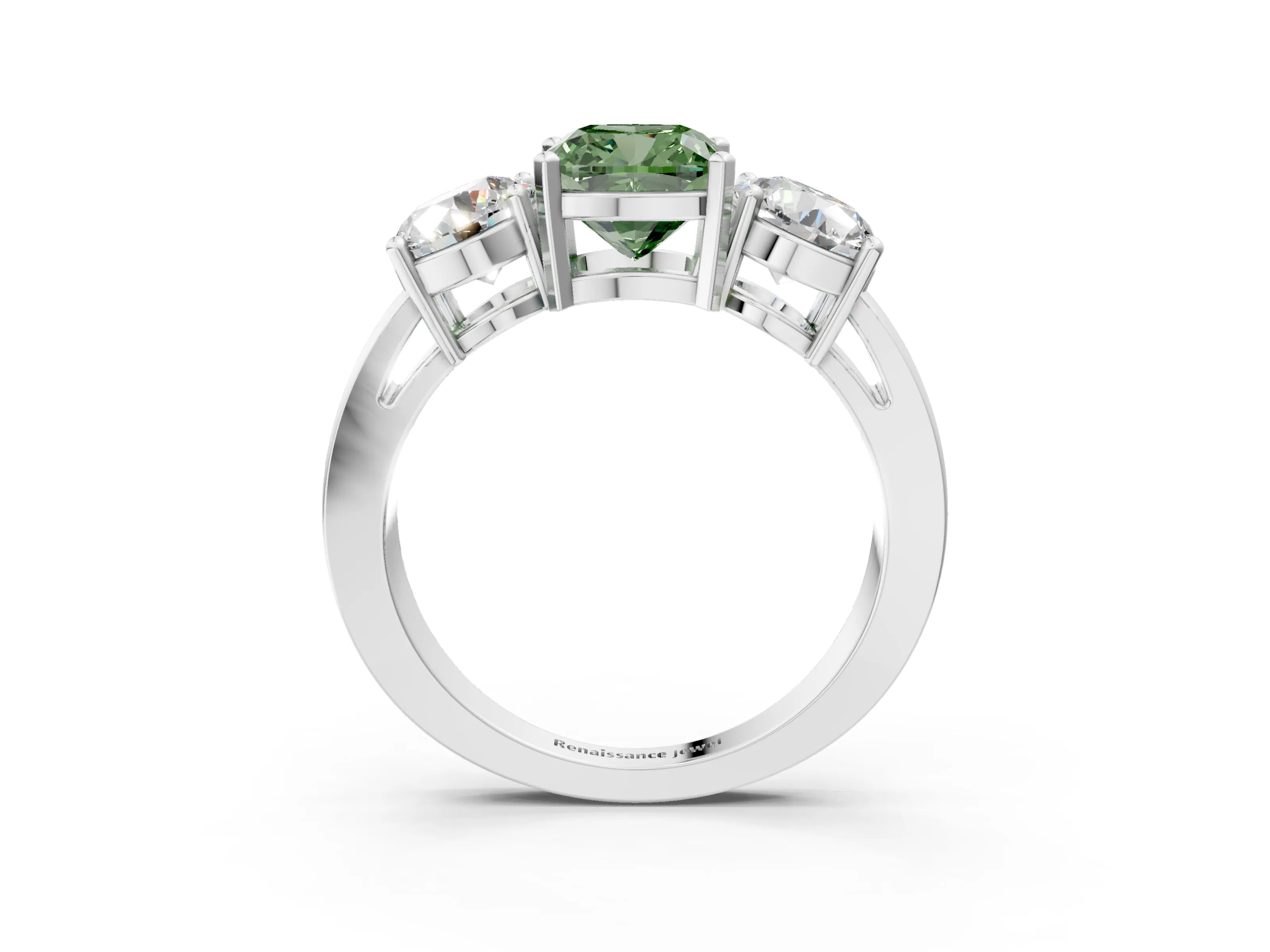 White gold Three-Stone Fancy Green Cushion Cut Diamond Ring with Round Side Stones, Classic Band, and Four-Prong Setting_39