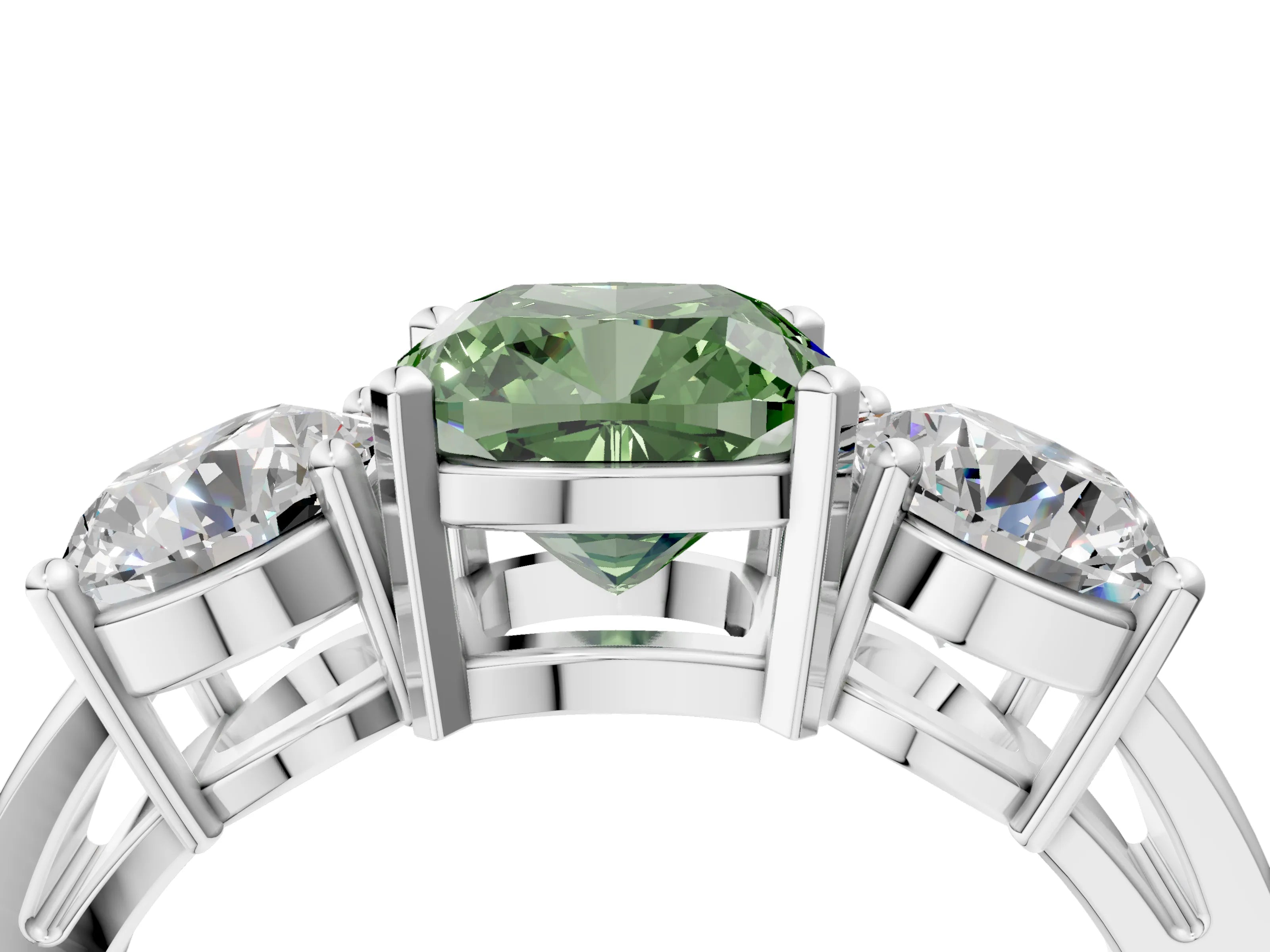 White gold Three-Stone Fancy Green Cushion Cut Diamond Ring with Round Side Stones, Classic Band, and Four-Prong Setting_40