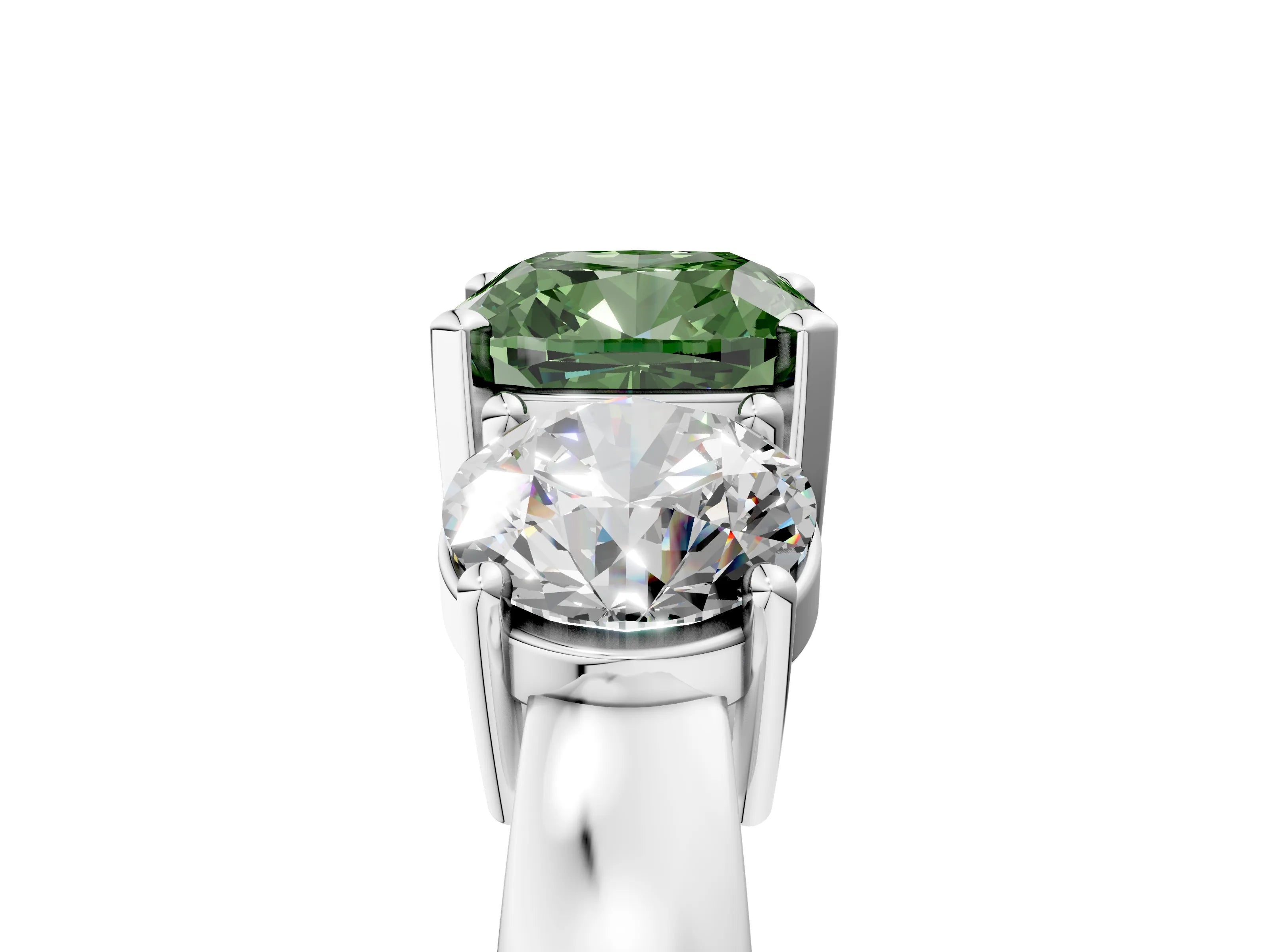 White gold Three-Stone Fancy Green Cushion Cut Diamond Ring with Round Side Stones, Classic Band, and Four-Prong Setting_41