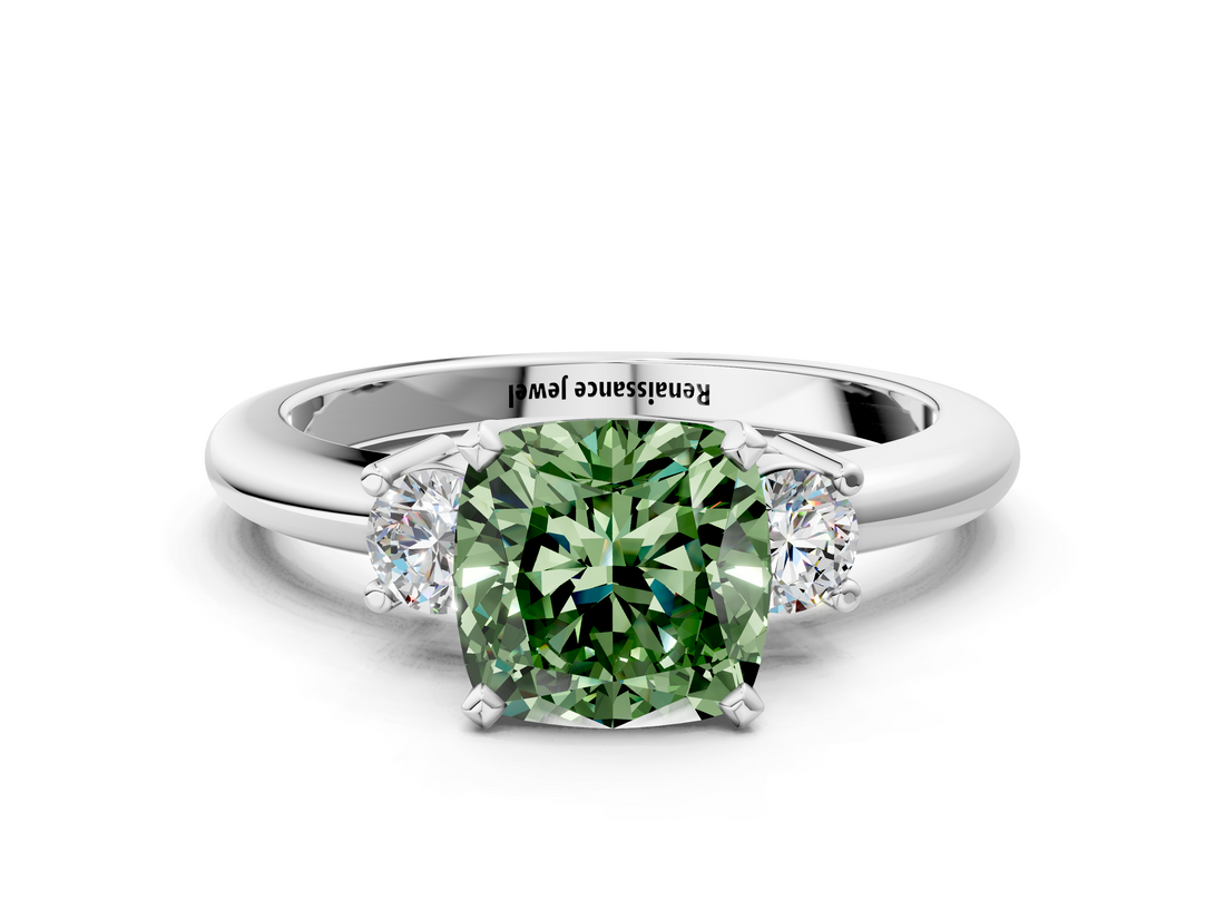White gold Three-Stone Fancy Green Cushion  Cut Diamond Solitaire with Prong Setting and Classic Band_24