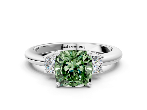 Platinum Three-Stone Fancy Green Cushion  Cut Diamond Solitaire with Prong Setting and Classic Band